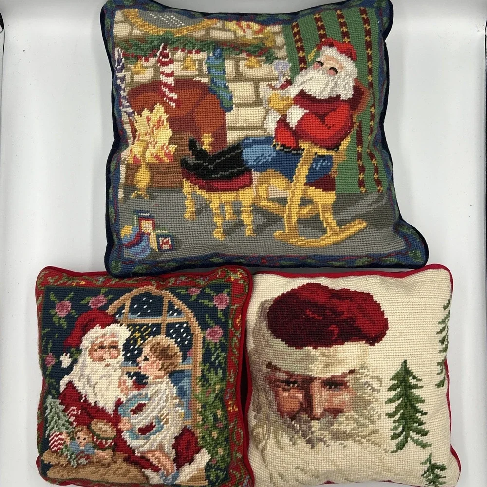 Lot Of 3 Vintage Needlepoint Santa Pillows Christmas Holiday‎ Festive Red Velvet